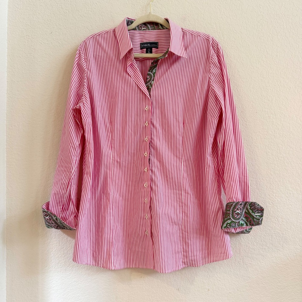 Essex Classics Womens XL Pink White Striped Paisley Contrast Button Up Shirt